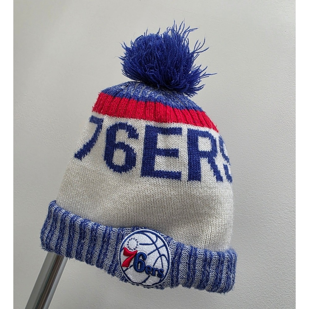 New Era Philadelphia 76ers NBA Cuffed Pom Beanie Hat Blue White Red Fleece Lined - Picture 5 of 6